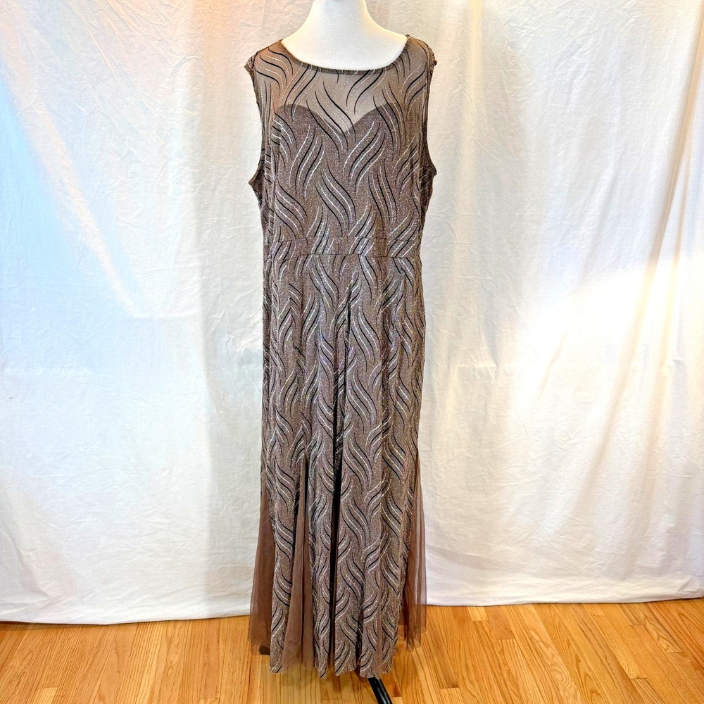 Candalite Womans Plus Size 3X Metallic Silver Bronze Evening Gown Sheer Overlay